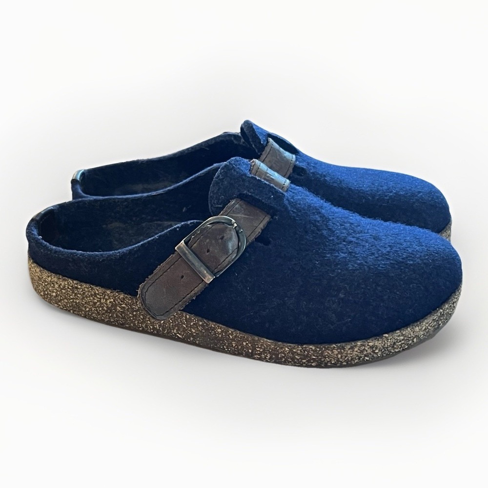 Haflinger Womens Navy Wool Clogs Slippers EU 38 Buckle Pure New Wool